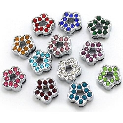 12pcs/lot Internal Dia 8mm Slide Charm Crystal Flower DIY Accessories fit 8mm wide belt pet collar