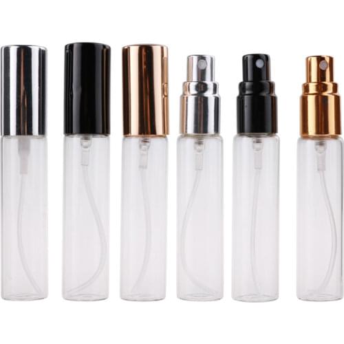 20pcs/lot 5ML 10ML 15ML 20ML Transparent Thin Glass Spray Bottle Sample Vials Portable Mini Perfume Atomizer Gold Silver Cap