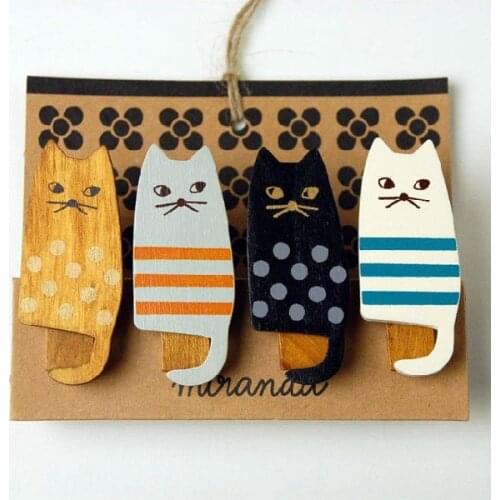 4PCS/LOT Freeshipping New lovely cat Wooden Clip Bag Paper Clip Special Gift Fashion