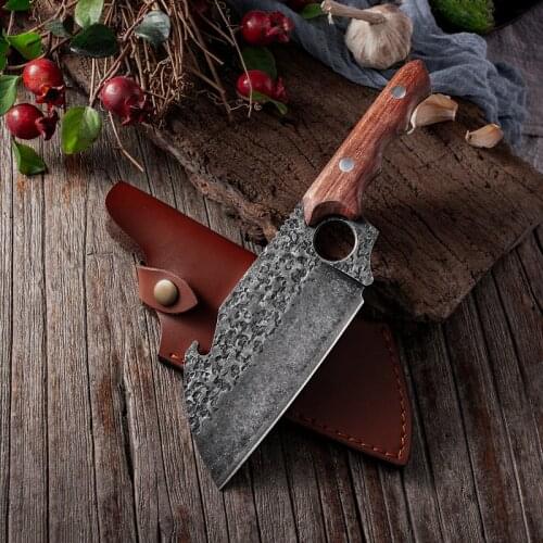 5" Outdoor Knife Survival Forged Stainless Steel Hunting Knife for Meat Fish Fruit Vegetable Kitchen Cleaver Chef Knife w/ Cover