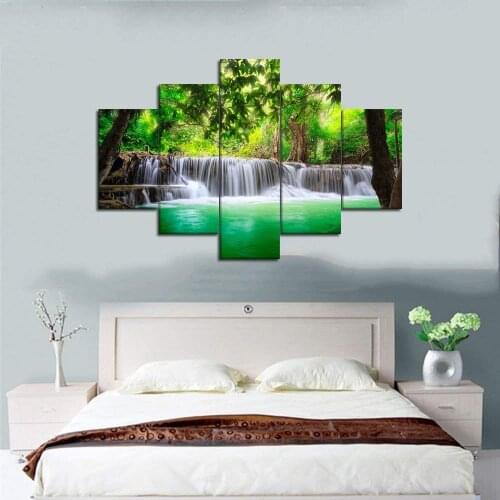 5 Panels Green Waterfall Scenery Canvas Print Painting Modern Canvas Wall Art for Wall Pcture Home Decor Artwork