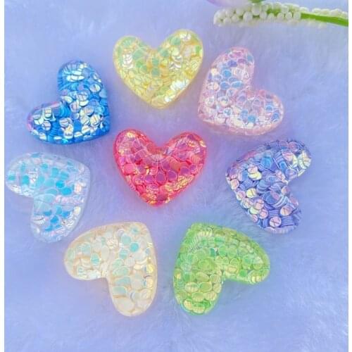 8pcs Resin Cabochon Kawaii Sequined resin heart Flatback Embellishment DIY Accessories Scrapbooking Crafts Decoration