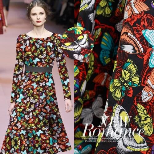 White waxberry Silk double crepe black base color butterfly print summer silk dress fabric Free shipping