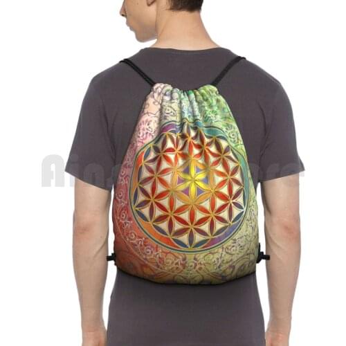 Flower Of Life Vintage Ornaments Mosaic Green Red Backpack Drawstring Bag Riding Climbing Gym Bag Eddart Flower Of Life