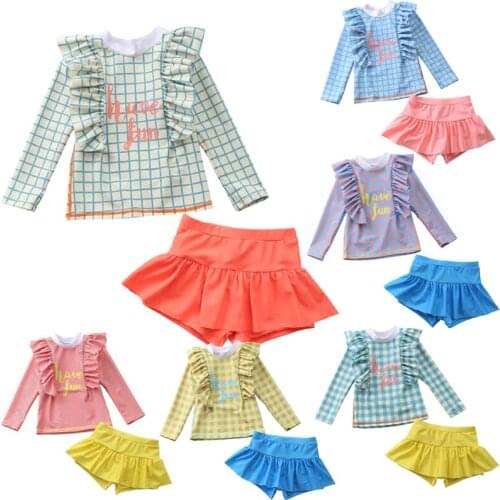2021 Childrens Swimwear Grid Baby Bathing Suit 2 Pcs Cute Long Dleeve Ruffle Swimming Suits for Girls Toddler Kids Beach Wear