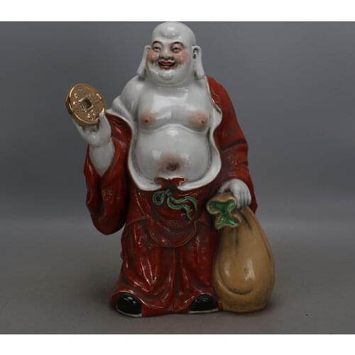Old QingDynasty porcelain Buddha statue,Red cloth bag Luohan sculpture,Hand Painted Decoration /Collection/ crafts,Free shipping