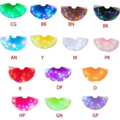 J60B Kids Girls Glitter Star Sequins Ballet Dance Tutu Skirt LED Light Up Neon Colorful Layered Tulle Short Dress Party Stage