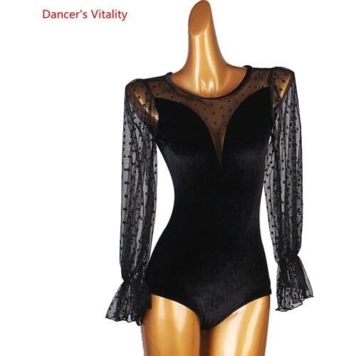 Latin Dance Onesies Female Adult Child Elegant Polka Dot Lantern Sleeve Body Suit High-end CustomModern Dancing Practice Top