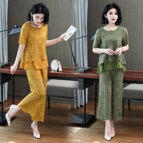2021 Summer New Womens Fashion Plus Size 5XL Lace 2 Pieces Set Lace-up Top + High Waisted Wide Leg Pants Two-piece Suit Y824