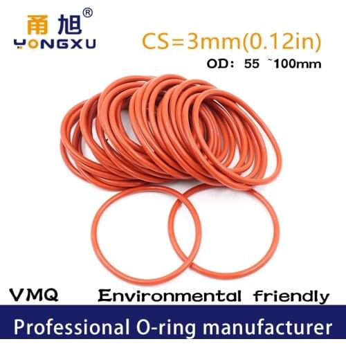 Red Silicon O-ring Silicone/VMQ CS3mm Thickness OD55/60/65/70/75/80/85/90/95/100*3mm O Ring Seal Rubber Gasket Washer Rings