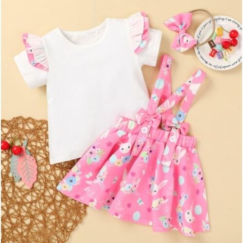 Girls Summer Three Piece Set Kids Fly Short Sleeves Cartoon Printed Shirt Strap Skirt Hair Rope for Children Sunsuit