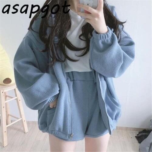 Fashion Autumn Blue Two Piece Set Casual Lantern Sleeve Zip Up Sweatshirts Hooded Hoodies Jacket Wide Leg Shorts Preppy Style