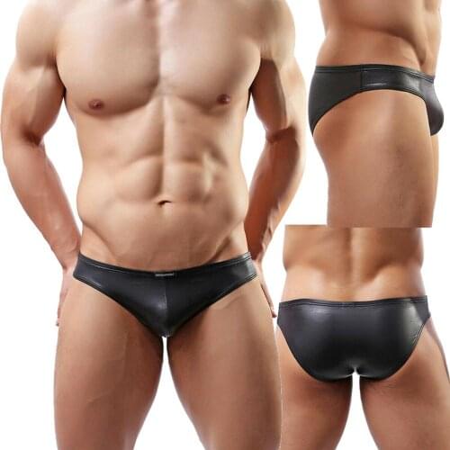 Sexy Mens Briefs Underwear Bikini Black PU Leather Underpants Mens Underwear Bulge Pouch Male Gay Sissy Panties Cueca Masculina