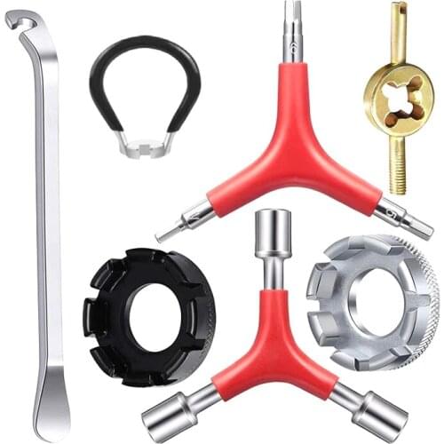 7 Pcs Spoke Tool Kit,8 Cut Open Spoke Wrench,Tire Lever,Bike Spoke Wrench,Valve Core,Y-Type Hex Wrench and Socket Wrench