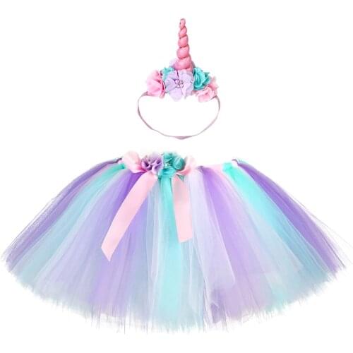 Pastel Girls Tutu Skirt Fluffy Pony Unicorn Tutu Skirt for Teenager Knee Length Flower Tulle Skirt Girls Birthday Party Clothing
