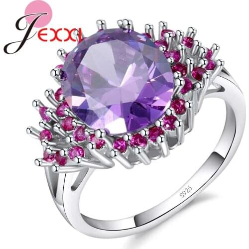 Luxury Round Purple Crystal Wedding Engagement Rings With Cubic Zirconia Women 925 Sterling Silver Finger Ring Accessories