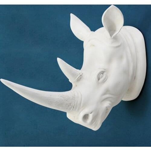 [Modern] Resin Exotic Rhinoceros Head Ornament White Animal Statues Crafts for Home Hotel Wall Hanging Art Decoration Gift
