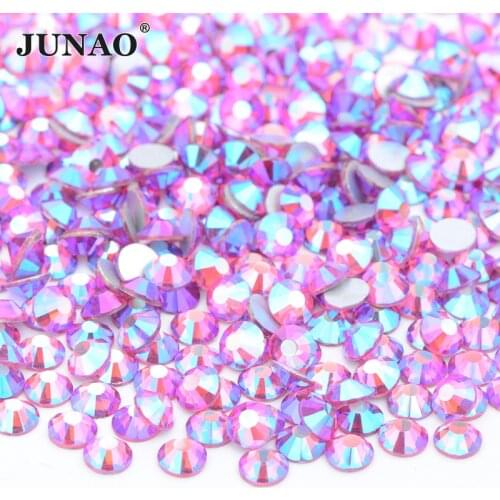JUNAO SS16 SS20 Glitter Rose AB Glass Nail Rhinestone Flat Back Crystal Stones Applique Non Hotfix Strass for DIY Garment Crafts