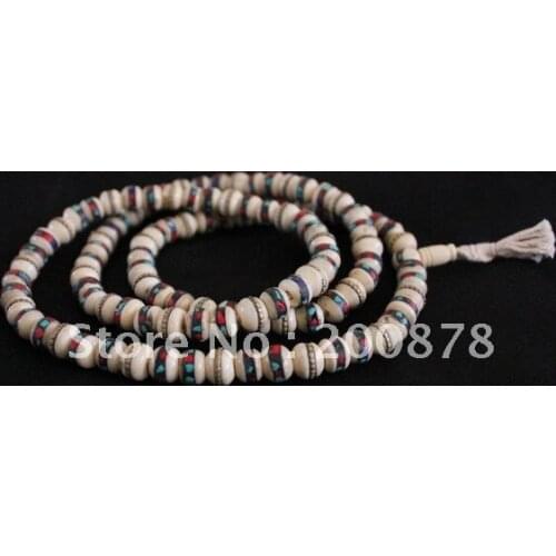 BRO683 Tibetan 108 beads white Yak bone Buddhist prayer beads mala,10mm,Antiqued ox bone inlay brass silk,Tibetan rosary
