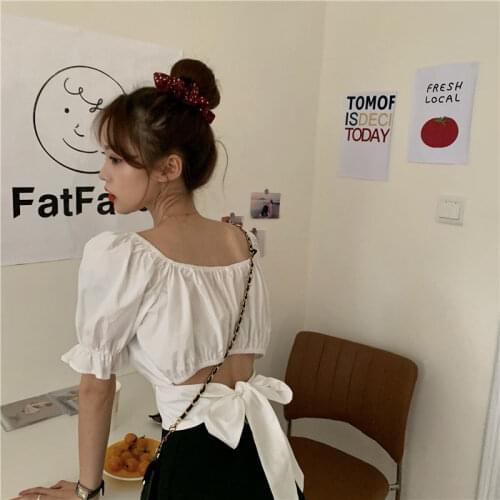 Vintage Blouse Backless Bowknot Puff sleeve Summer Ruffle Crop Tops Tee Shirt Solid color Draped Top 2021 Fashion
