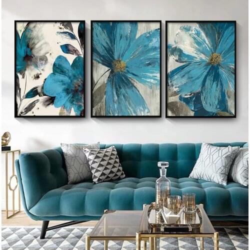 Vintage Abstract Blue Paint Flowers Canvas Painting Poster Blooming Life Botanical Print Wall Art Pictures For Living Room Decor