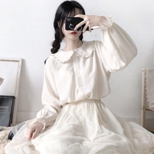 Japanese College Peter Pan Collar Blouse Women Apricot White Collar Shirt Loli JK Top Vintage Victorian Shirt Preppy Style Girl