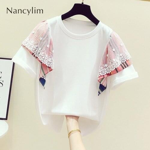 2019 Summer New Korean Mosaic Lace Contrast Stripes Crew Neck Short Sleeve T-shirt Womens Casual Jacket Pull Shirt Student T