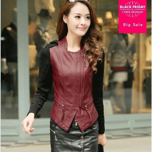 2020 new Autumn sweater sleeve Pu leather stitching short paragraph Slim leather jacket women jacket fashion models w1005