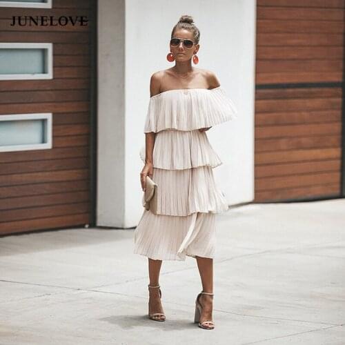 JuneLove Boho Loose Cake Summer Women Dress 2020 Elegant Beach Off Shoulder Holiday Beach Dress Sexy Ruffle Strapless Midi Dress