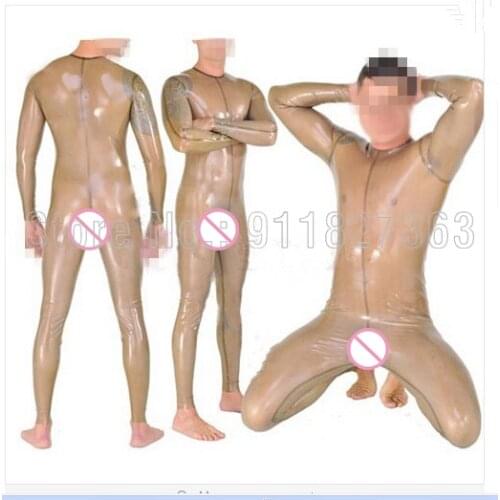 100% Transparent Latex Bodysuit Neck Entry males Rubber Latex Jumpsuit Latex Catsuit w/o zipper