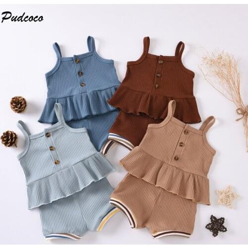 2020 Summer New Casual Baby Clothing 0-18M Boys Girls Knited 2pcs Button Ruffle Sleeveless Top Vest+Striped Shorts Bottoms Set