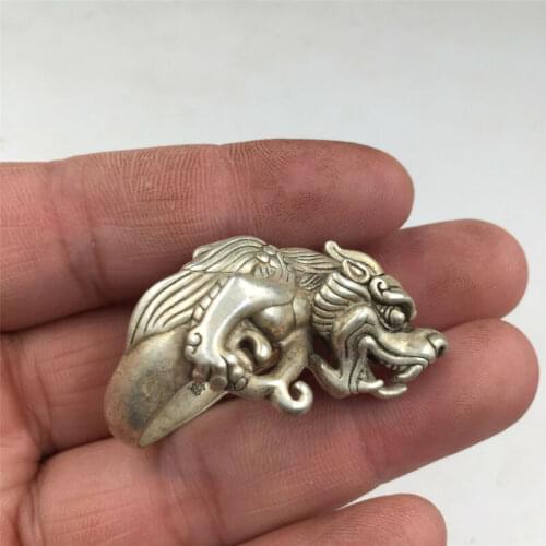 China OLD antique 23mm Tibetan silver handmade 3D dragon Unicorn Kylin ring