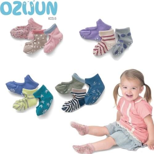 3 Pairs/Set Baby Boys Girls Anti Slip A/B/C/D Series Boat Socks 0-3 Years Kids Ankle Socks Floral Stripe Pattern S/M Size
