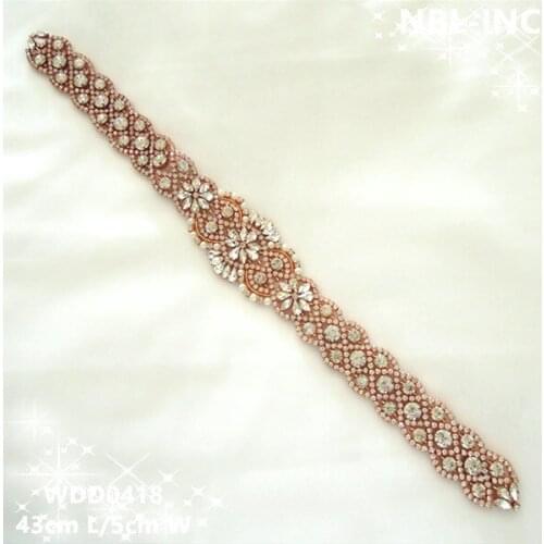 30 pieces) Wholesale bridal sash beaded sewing rose gold crystal rhinestone appliques for wedding dresses sash iron on WDD0418