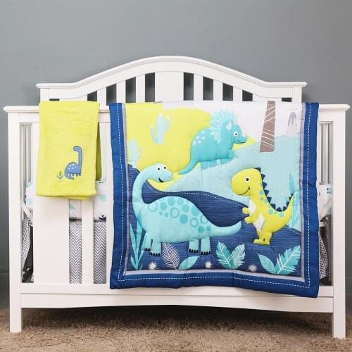 4PCS Dinosaur Room Decor Baby Crib Bedding Set Crib Sheet Crib Nursery Bedding ,Fitted Sheet, Crib Quilt, Dust Ruffle,Blanket