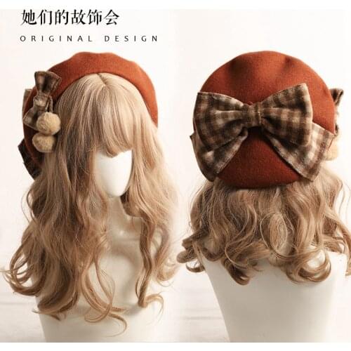 Retro Large Plaid Bowknot Berets Japanese Lolita Handmade Women Autumn Winter Sweet Cute Painter Hat Mori Girl Fashion Dome Hat
