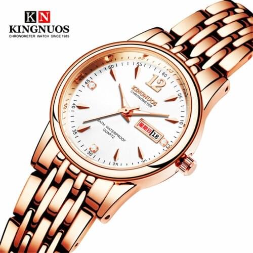 Rose Gold Ladies Watch KINGNUOS Luxury Brand Stainless Steel Women Watches Couple Female Quartz Clock calendar (Week can English