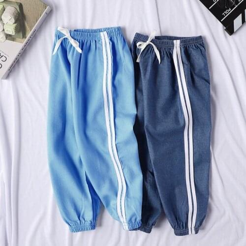 Childrens Pants Boys Girls Thin Section Jeans Casual Trousers Kids Thin Section Home Mosquito Bloomers Striped Blue Sports Pant