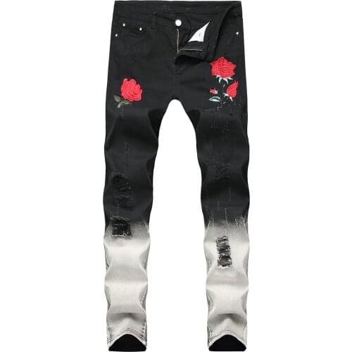 Black White Patchwork Ripped Men Jeans Embroidery with Flowers Rose Embroidered Mens Denim Jeans Stretch Skinny Slim Jean Pants