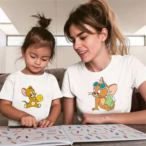 Cat Mouse Cute Family Matching Sets Clothes Funny Cartoon Printed Kids Womens T shirt Casual Cotton Kawaii Short Sleeve T-shirt