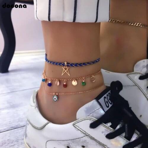Docona Boho Blue Colorful Crystal Hollow Star Eye Multilayer Anklet Set for Women Blue Rope Layered Anklet Foot Jewelry 8145