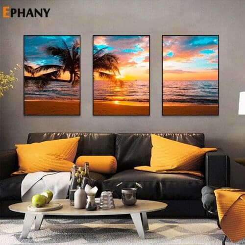 Natural Gold Beach Sunset Landscape Posters and Prints Mediterran Canvas Painting Scandinavian Wall Art Picture for Living Room