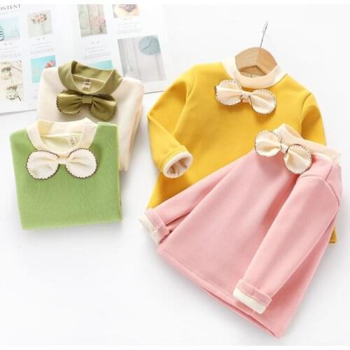 2020 New Cute Bow Girls' long sleeve T-shirt plush Warm New childrens Autumn Winter Turtleneck Bottoming Shirt Tops Cotton
