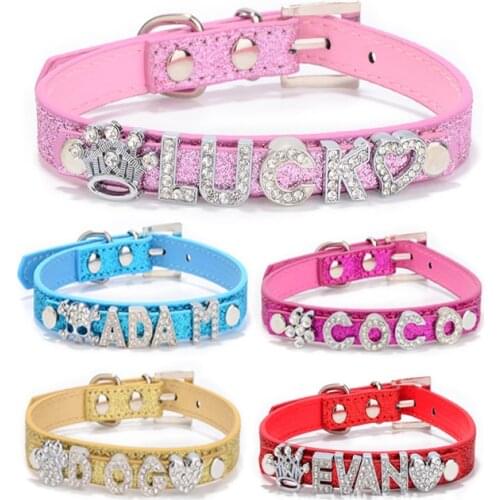 DIY Name Dog Collar Personalized Croc PU Leather Collar Chihuahua Yorkie Pug Rhinestone Buckle Puppy Cat Necklace Colar