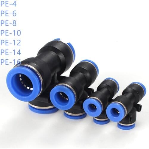 Pneumatic Fitting Joint Coupling PE Series Pipe Connector Push-in T Type Quick Connector PE-4 PE-6 PE-8 PE-10 PE-12 PE-14 PE-16
