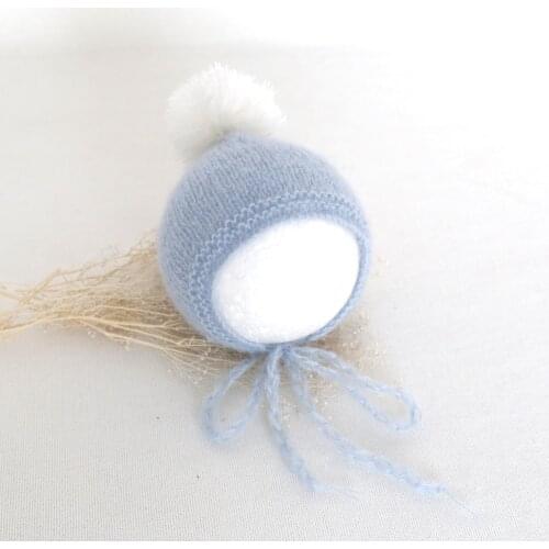 Pom Pom knitted baby bonnet Newborn photography props Hand knit mohair bonnet Newborn baby soft hat prop