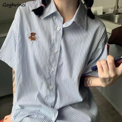 Summer Shirts Women Striped Simple Lovely Bear Embroidery Korean Style Sweetwear Loose Short Sleeve Button Up Blouses for Female