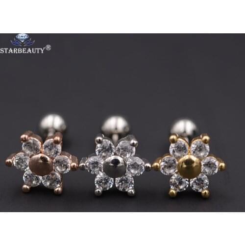 2Pcs/Lot Crystal Flower Ear Studs Cartilage Earrings Tragus Helix Piercing 16 Gauges Surgical Steel Ear Studs Lip Rings Nails