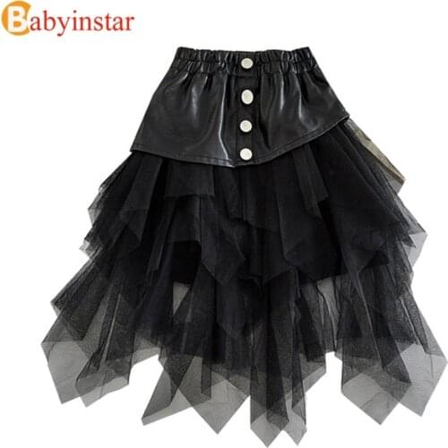Babyinstar School Girl Skirt PU Leather Patchwork Mesh Skirt Girl For Baby Princess Skirt Baby Girl Clothes Children Clothing