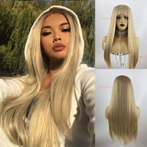 Blonde Synthetic Wigs Long Straight Natural Looking Synthetic Lace Front Wigs Glueless Heat Resistant Hair for Daily Life 22Inch